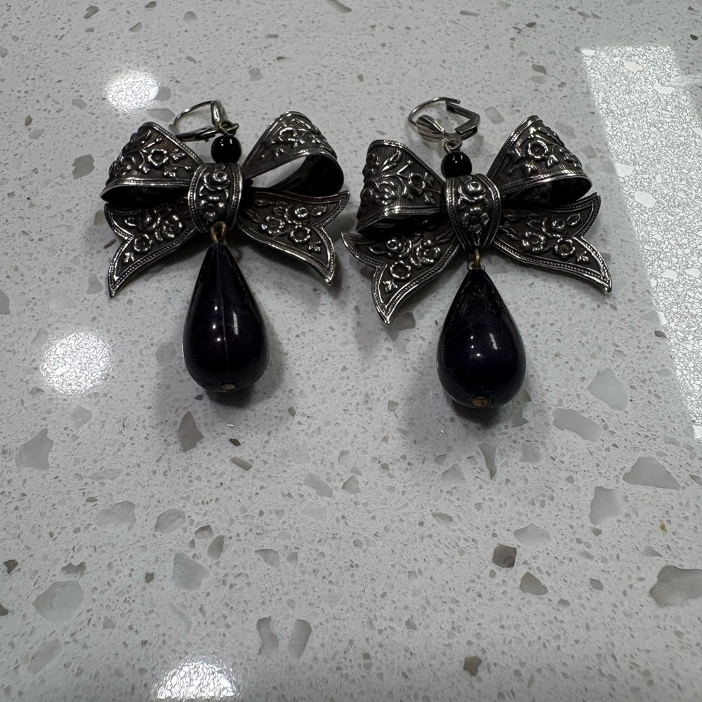 Vintage Sterling Silver and Black Bow Earrings